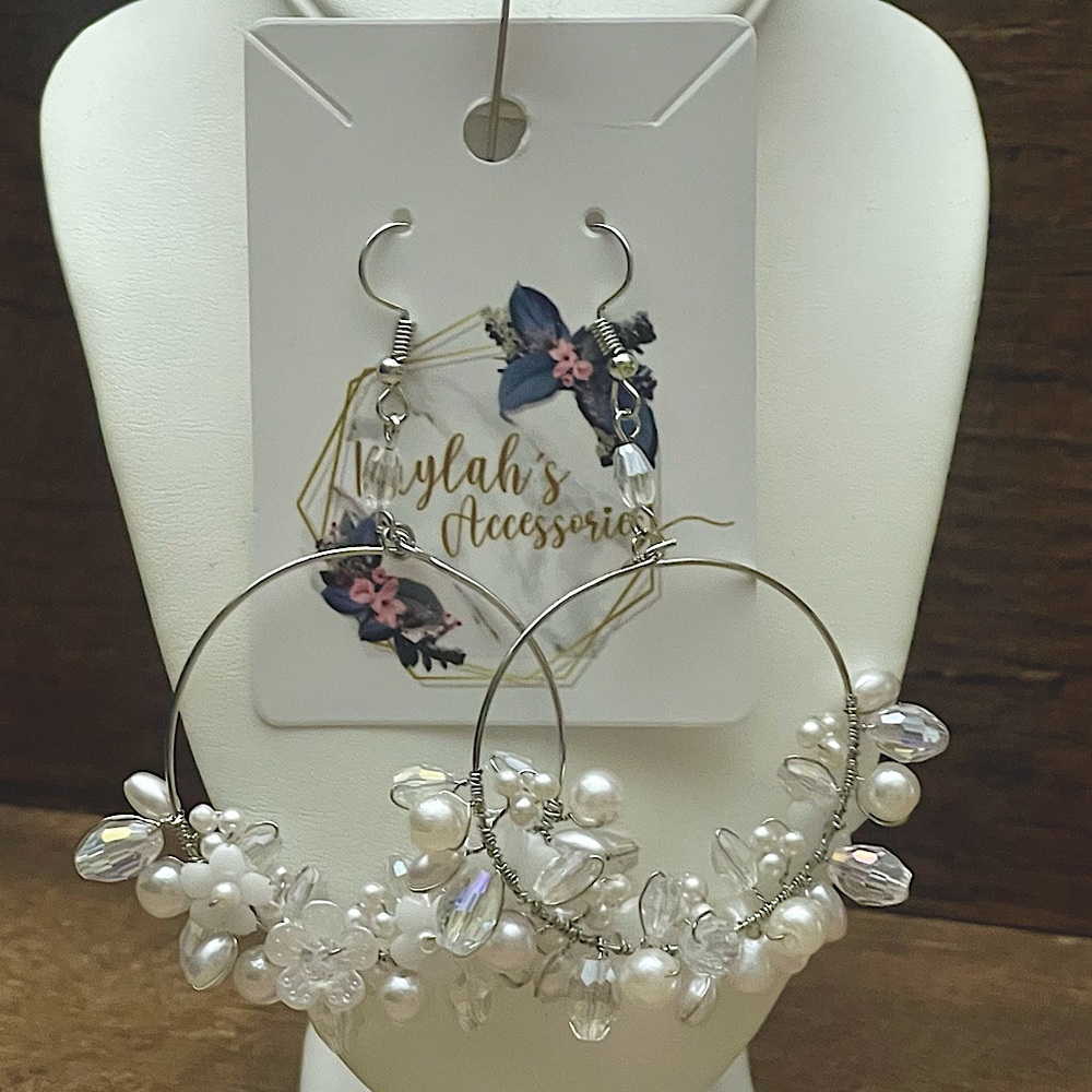 White Floating Pearl Hoop Earrings